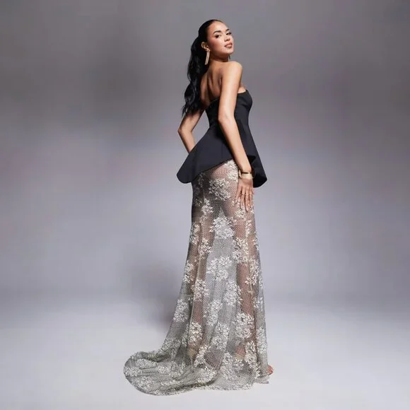 ASOS DESIGN premium molded dress, lace maxi skirt, black scuba-style fabric - Picture 2 of 2